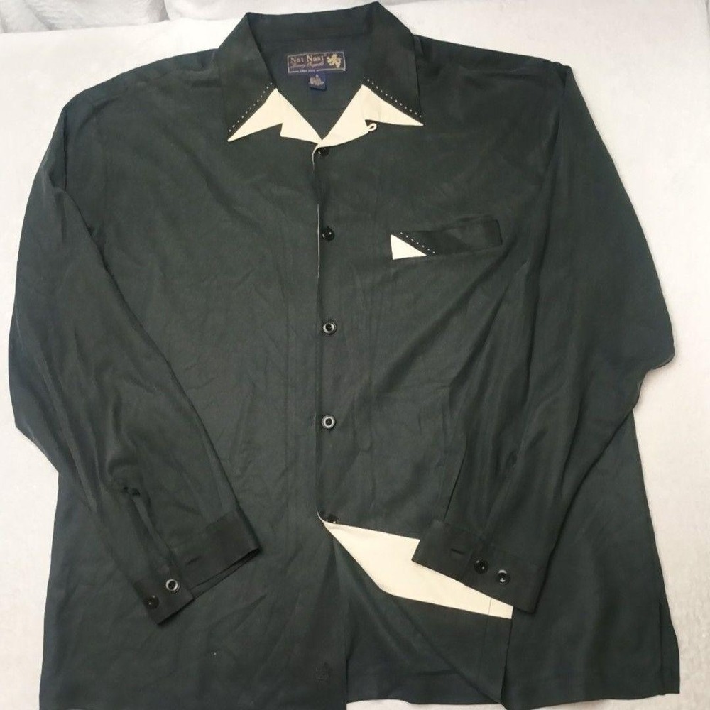 Vintage Nat Nast Shirt Mens XL Black Button-Up Silk Contrast Trim Long Sleeve